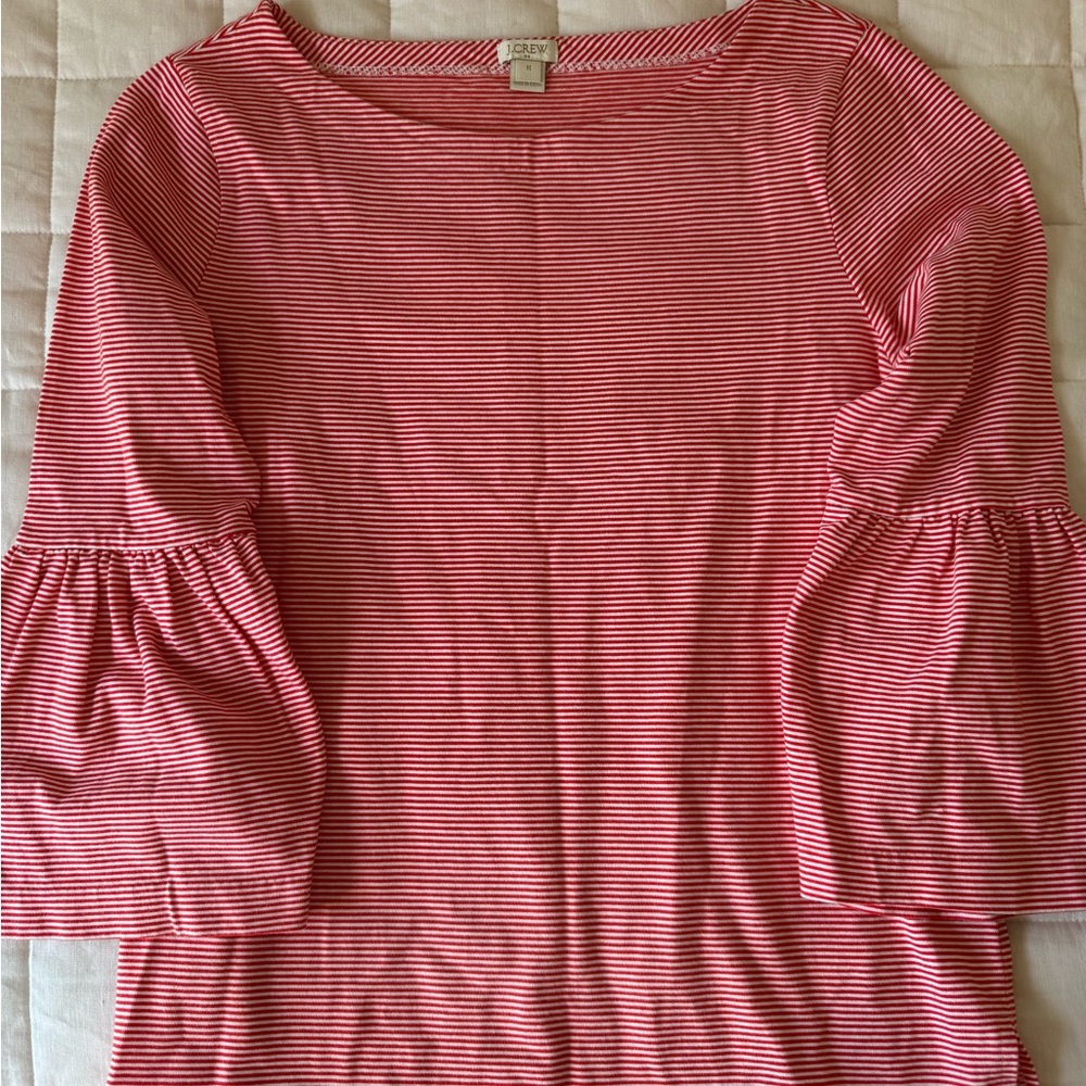 J. Crew Factory Red and White Striped Boatneck Shirt with flared 3/4 sleeves